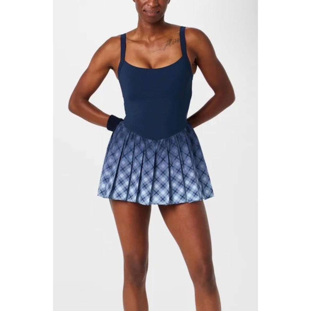 Free People Movement Tennis Dress Women XS Navy Plaid Pleated Activewear